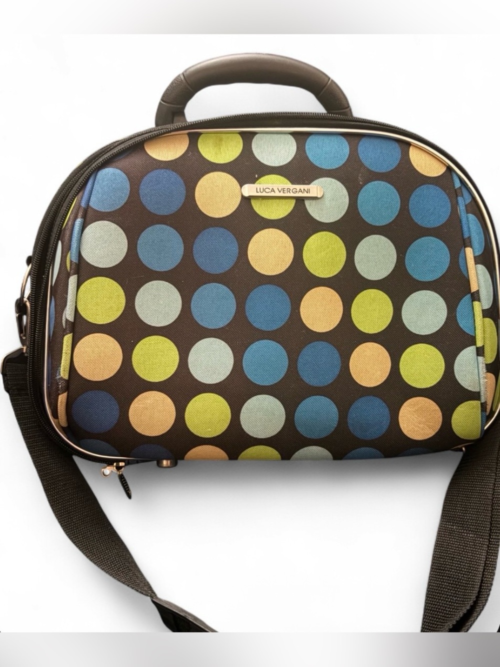 Luca Vergani Multblue Dot Polka Dot Makeup Bag w/ Mirror Zipper Handle Strap